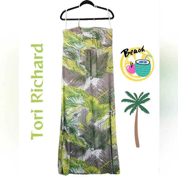 Tori Richards Womens Tropical Leaves Maxi Halter Dress Sz XL Vacation Beach - Picture 1 of 10